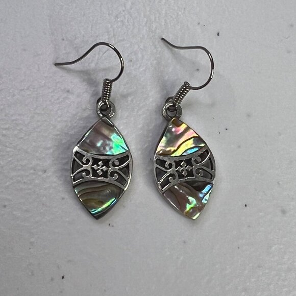 Sterling Silver Abalone Shell Marquise Drop Earrings With Filigree Design - Picture 6 of 9